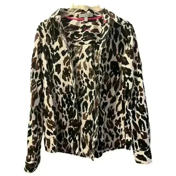 Foxcroft Tops - Foxcroft Women's Animal Print Blouse Long Sleeve Collared Button-Front Brown
